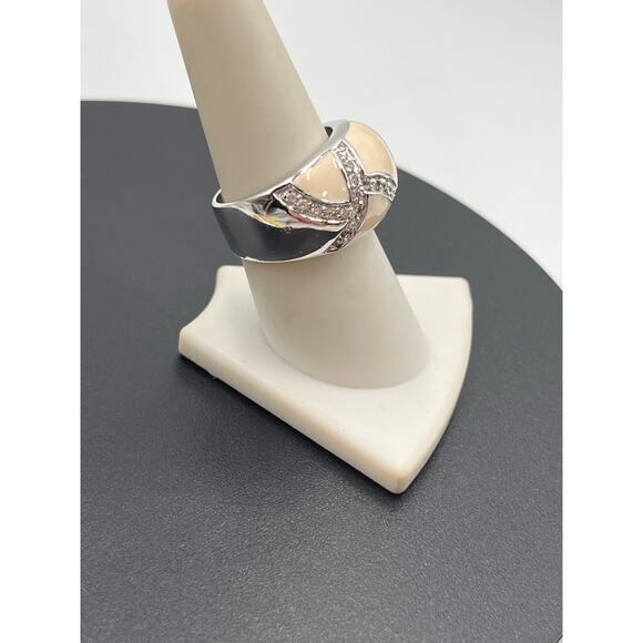 Vintage Sterling Silver Cream Enamel Rhinestone Striped Dome Ring Sz 8.25 - Picture 2 of 8
